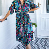 Contrast collar, cuff & buttons on Alison Shirt Dress in navy floral print – custom Truly Madly print