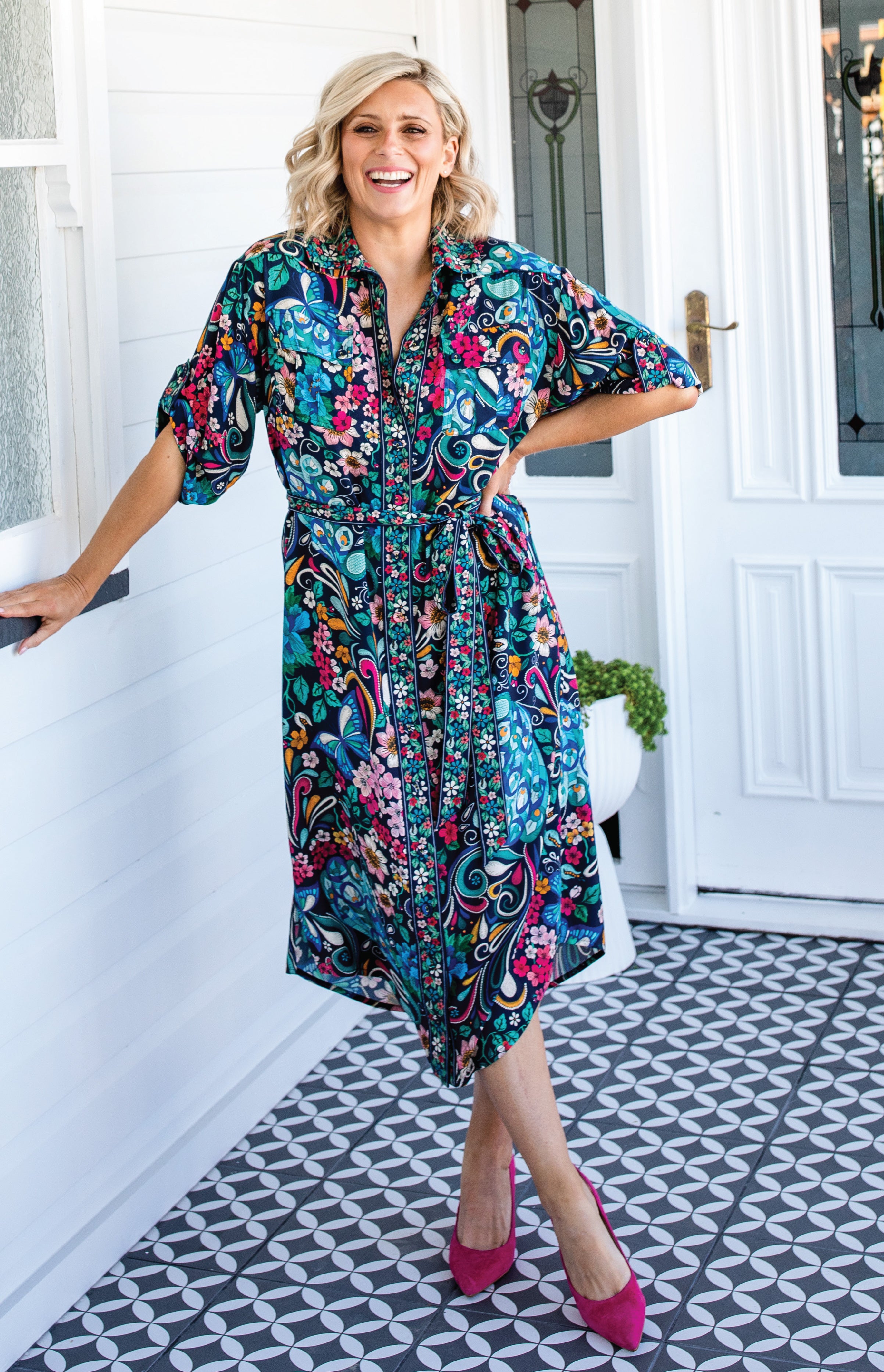 Contrast collar, cuff & buttons on Alison Shirt Dress in navy floral print – custom Truly Madly print