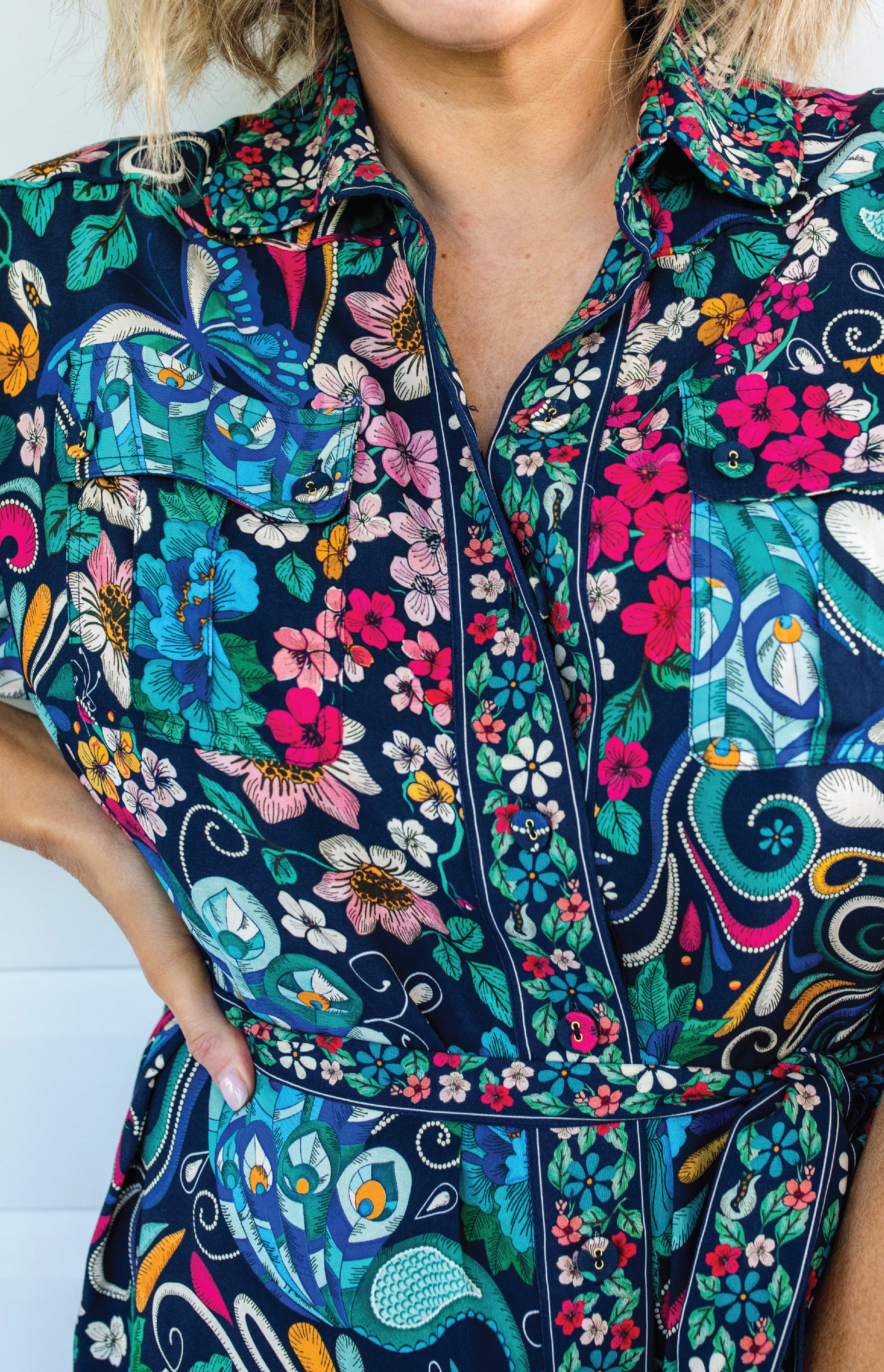 Close-up of Truly Madly custom print on Alison Shirt Dress – peacock & floral detail in navy