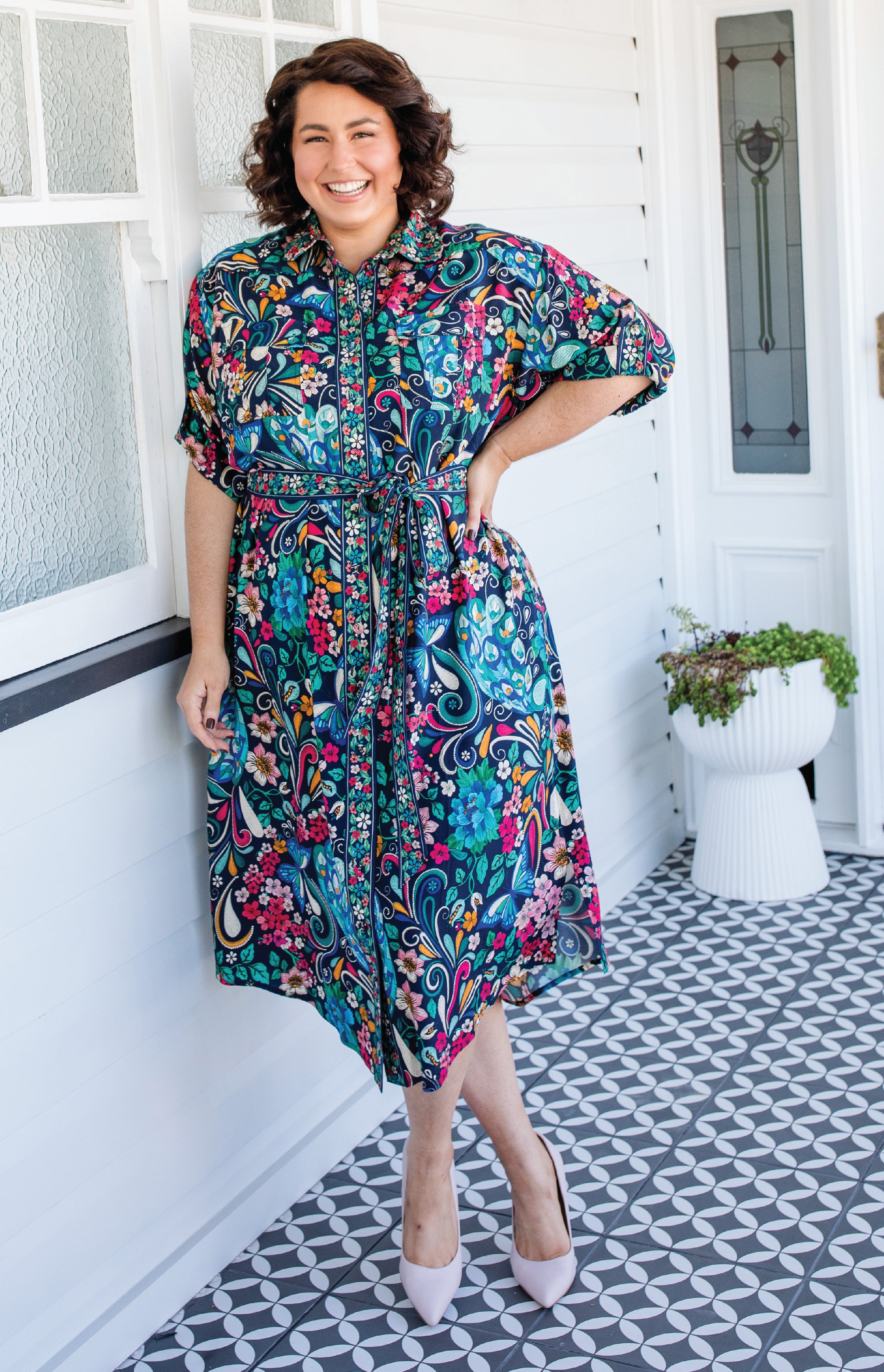 Model wearing Alison Shirt Dress in navy Truly Madly – relaxed fit with removable waist tie