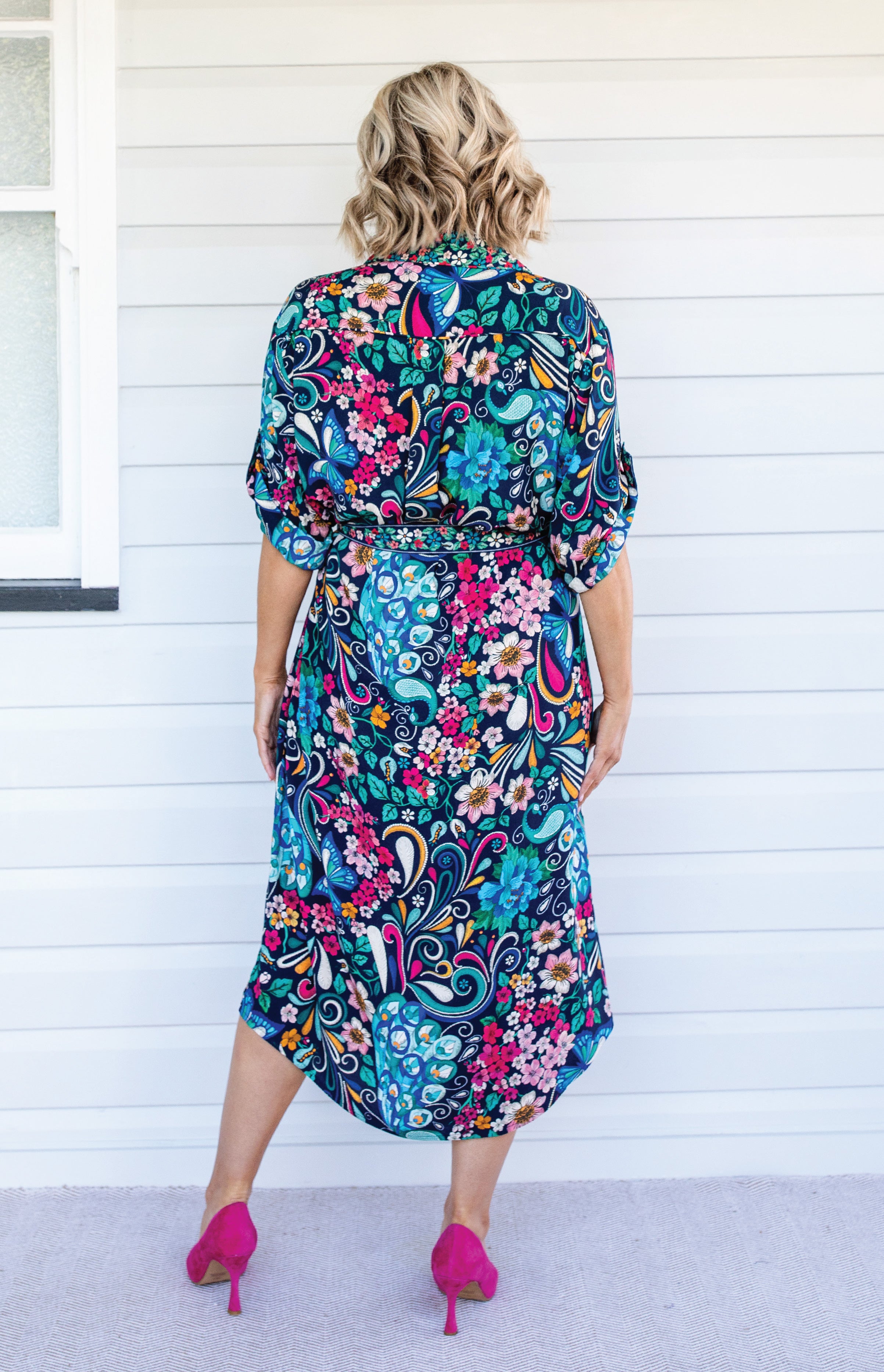 Back view of Alison Shirt Dress in Truly Madly navy – fluid rayon fabric with classic shirt shape