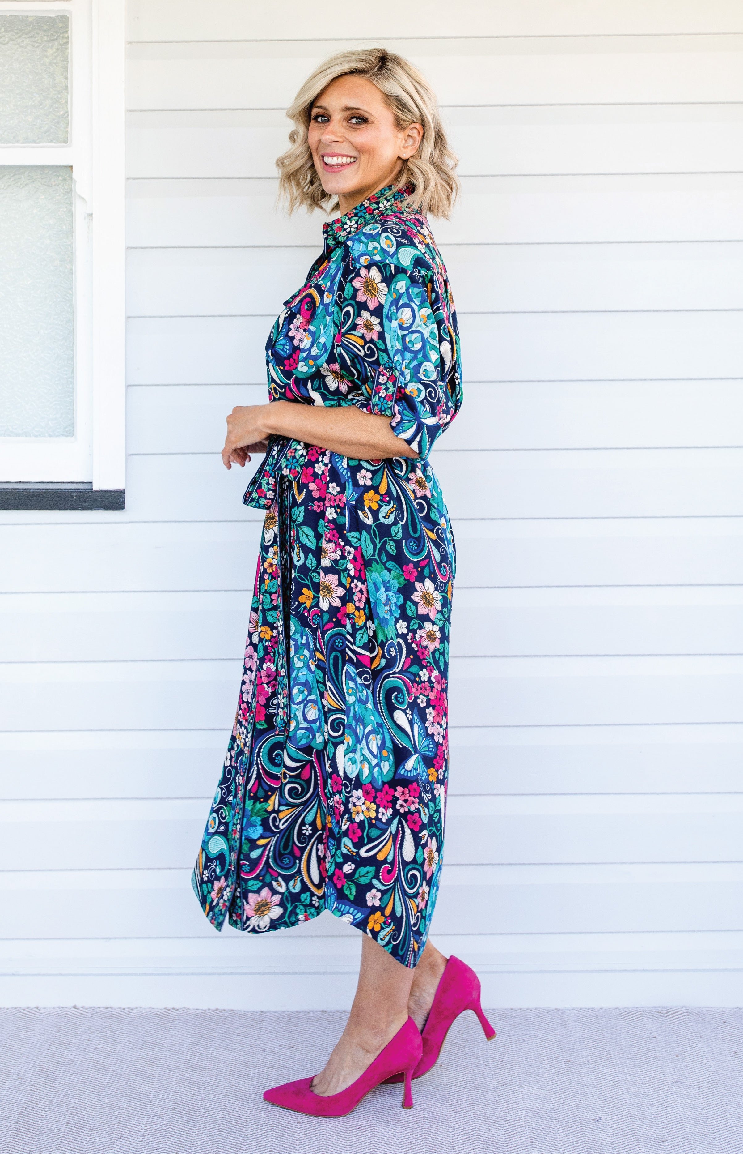 Side view of Alison Shirt Dress in Truly Madly navy – fluid rayon fabric with classic shirt shape