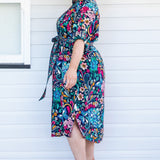 Side view of Alison Shirt Dress in Truly Madly navy – fluid rayon fabric with classic shirt shape