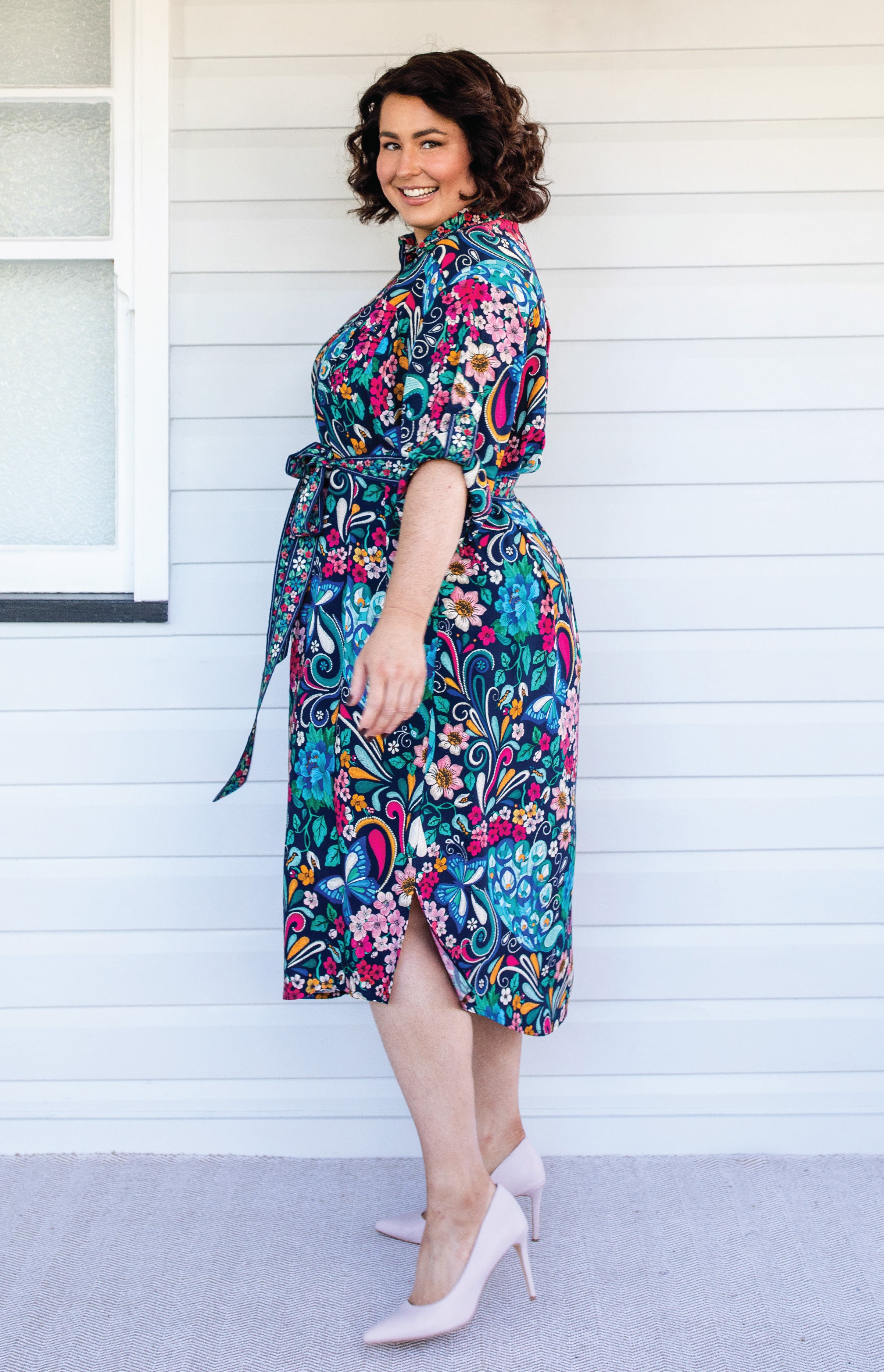 Side view of Alison Shirt Dress in Truly Madly navy – fluid rayon fabric with classic shirt shape