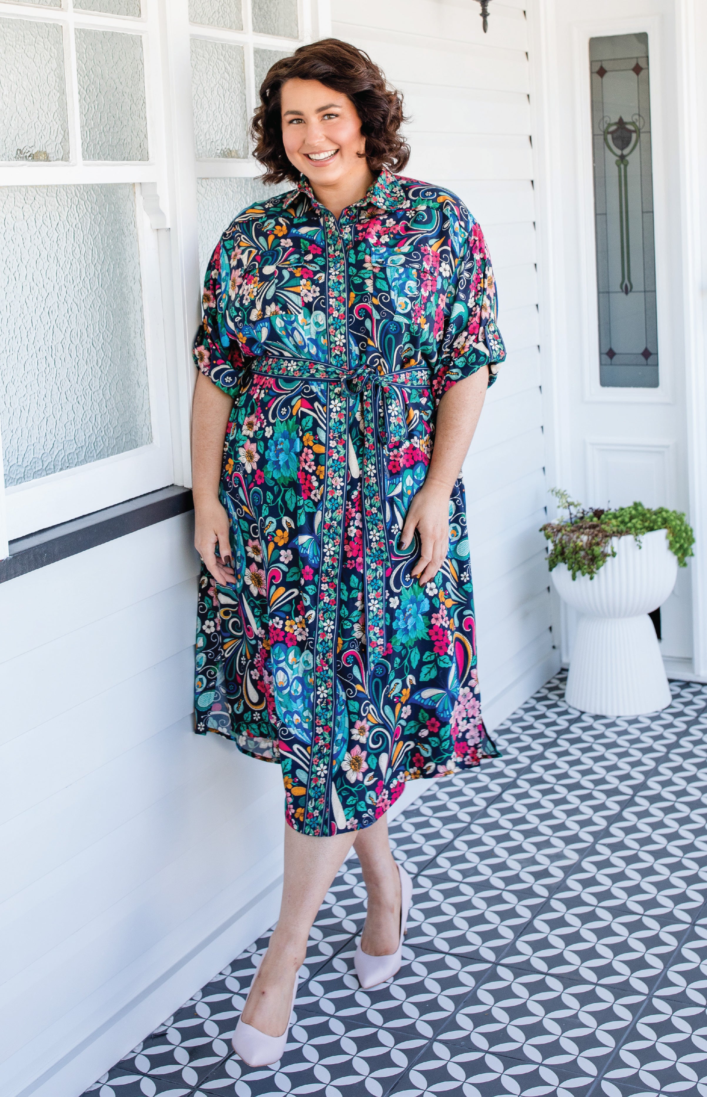 Maiocchi Alison Shirt Dress in Truly Madly navy – best-selling contrast panel floral print shirt dress