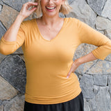 Bamboo Reversible Tee 3/4 sleeve in saffron