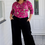 Model wearing black velvet Bianca Pant – elegant wide-leg silhouette and high rise