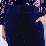 Close-up of plush midnight velvet fabric and high structured waistband detail on the Bianca Pant