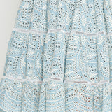 Close-up of embroidered cotton lace and ladder trim on Eloise Dress in blue lace