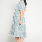 Side view of Eloise Dress in blue lace -waist-accentuating, adjustable drawstring fit-and-flare style