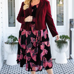 Butterfly print velvet Evie Dress in wine by Maiocchi.