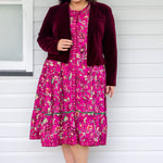 Model wearing Perfect Velvet Blazer in wine – slim tailored fit at waist