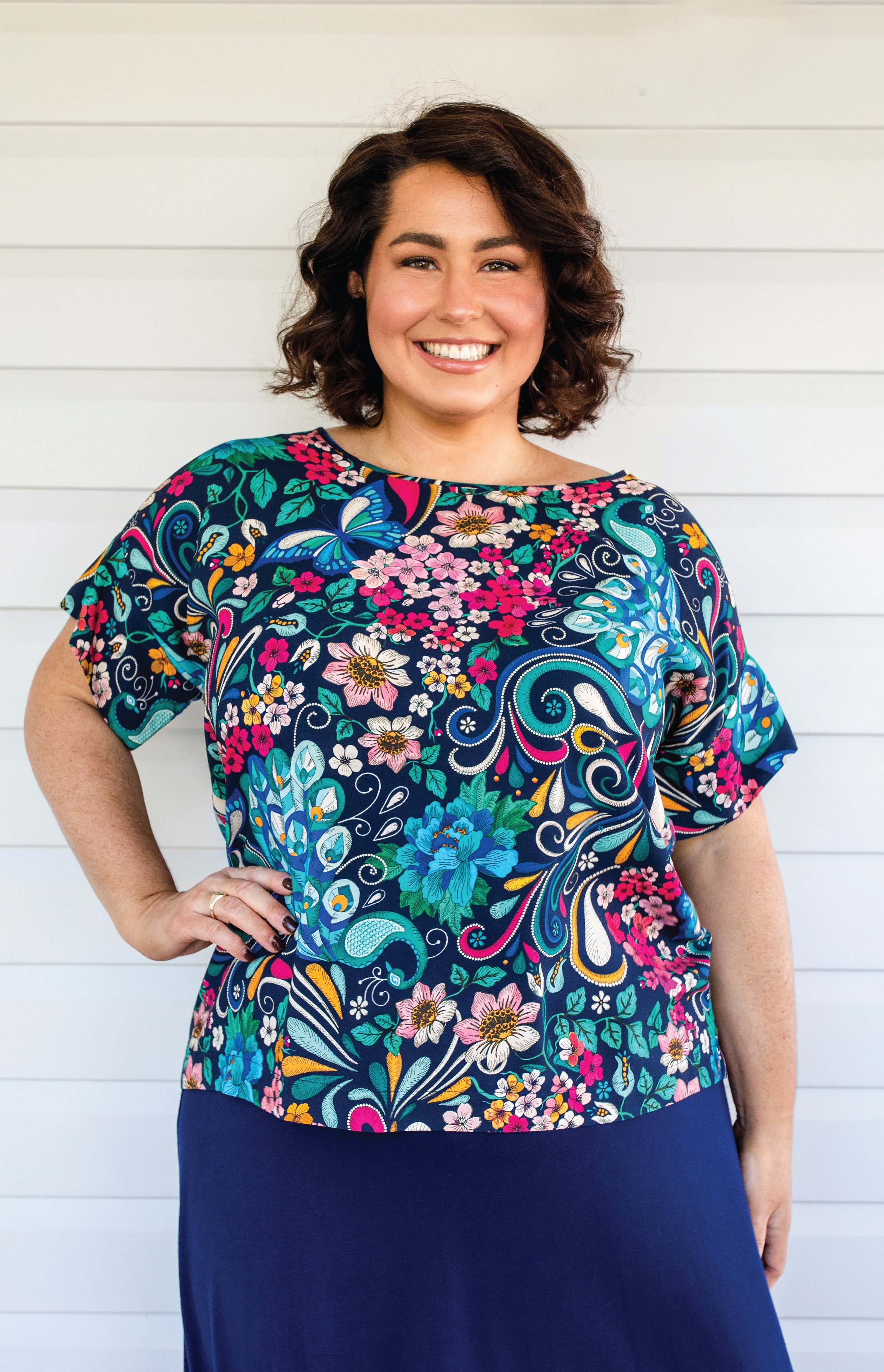 Truly Madly custom peacock & floral print in best-selling Poppy Top by Maiocchi