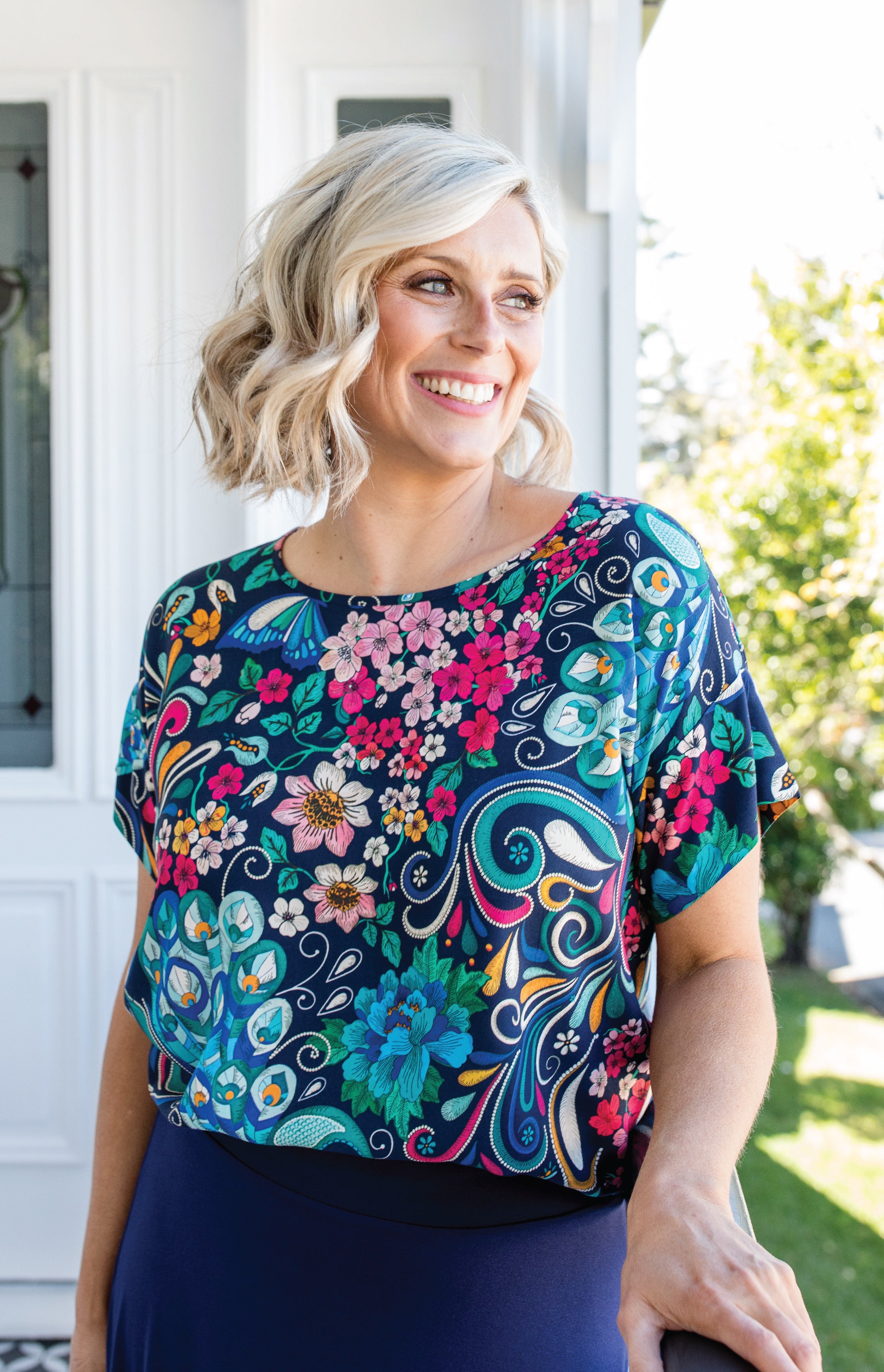 Truly Madly custom peacock & floral print in best-selling Poppy Top by Maiocchi
