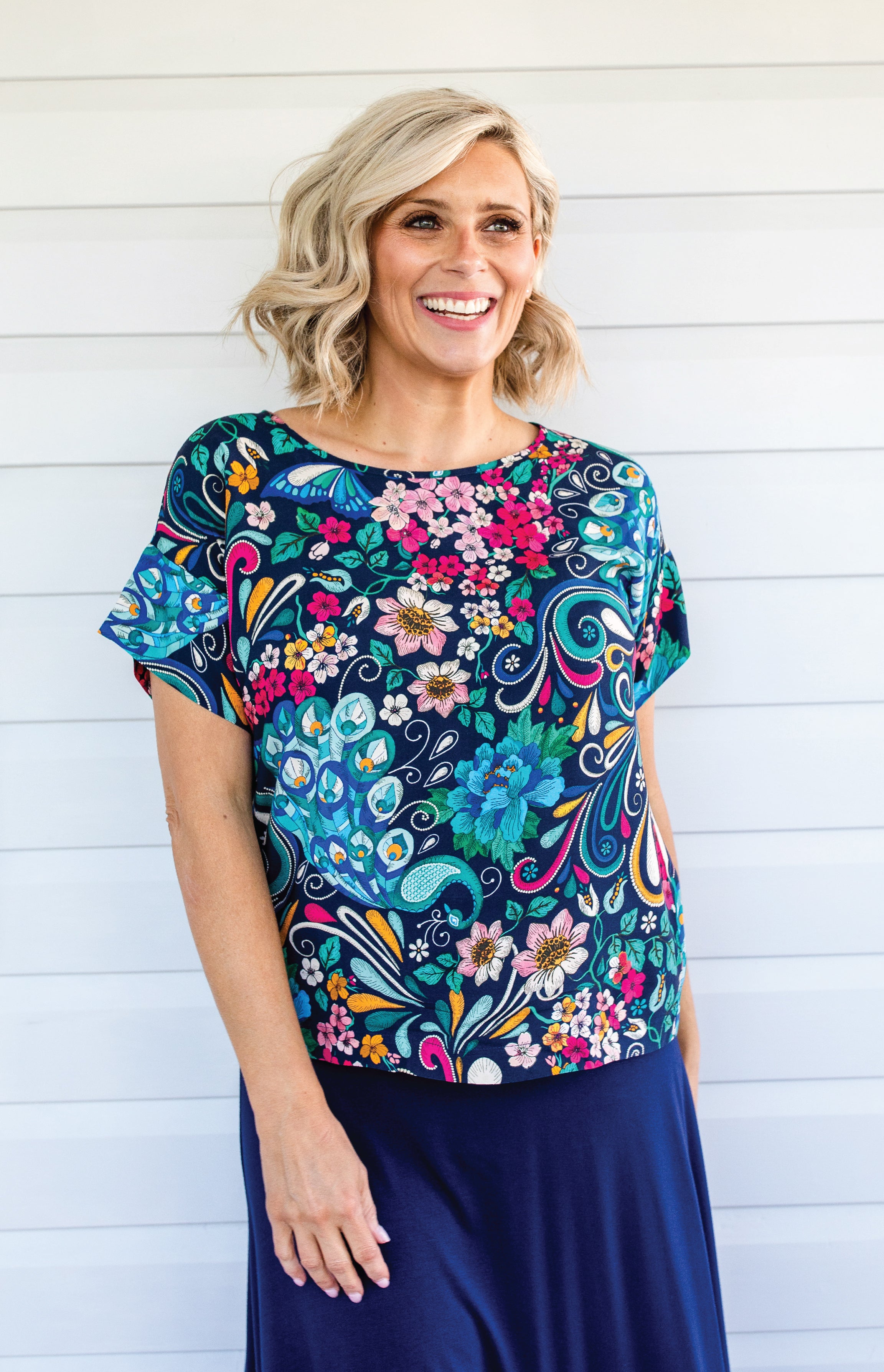 Maiocchi Poppy Top in Truly Madly navy – bestselling floral peacock print relaxed top