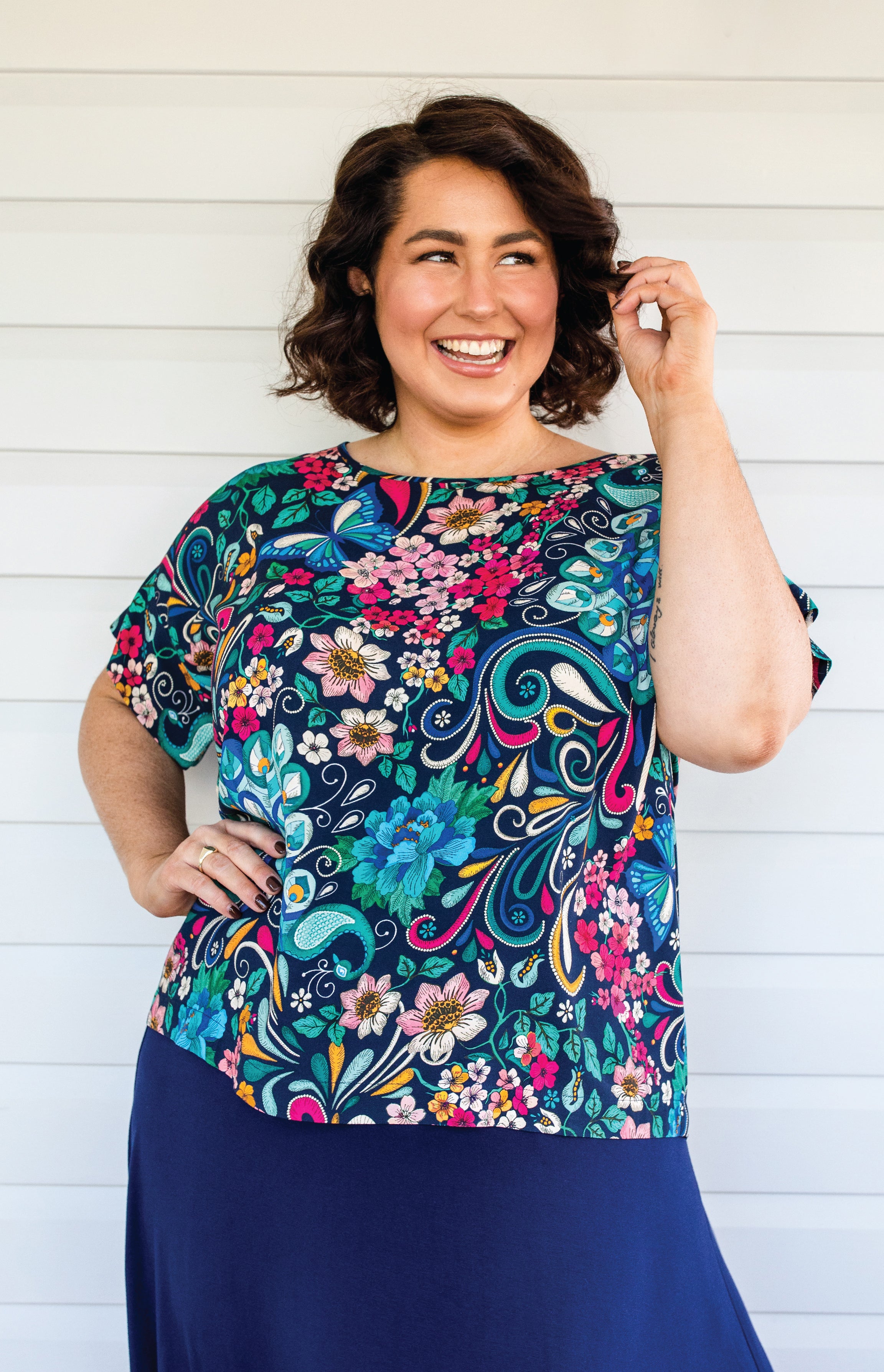 Truly Madly custom peacock & floral print in best-selling Poppy Top by Maiocchi