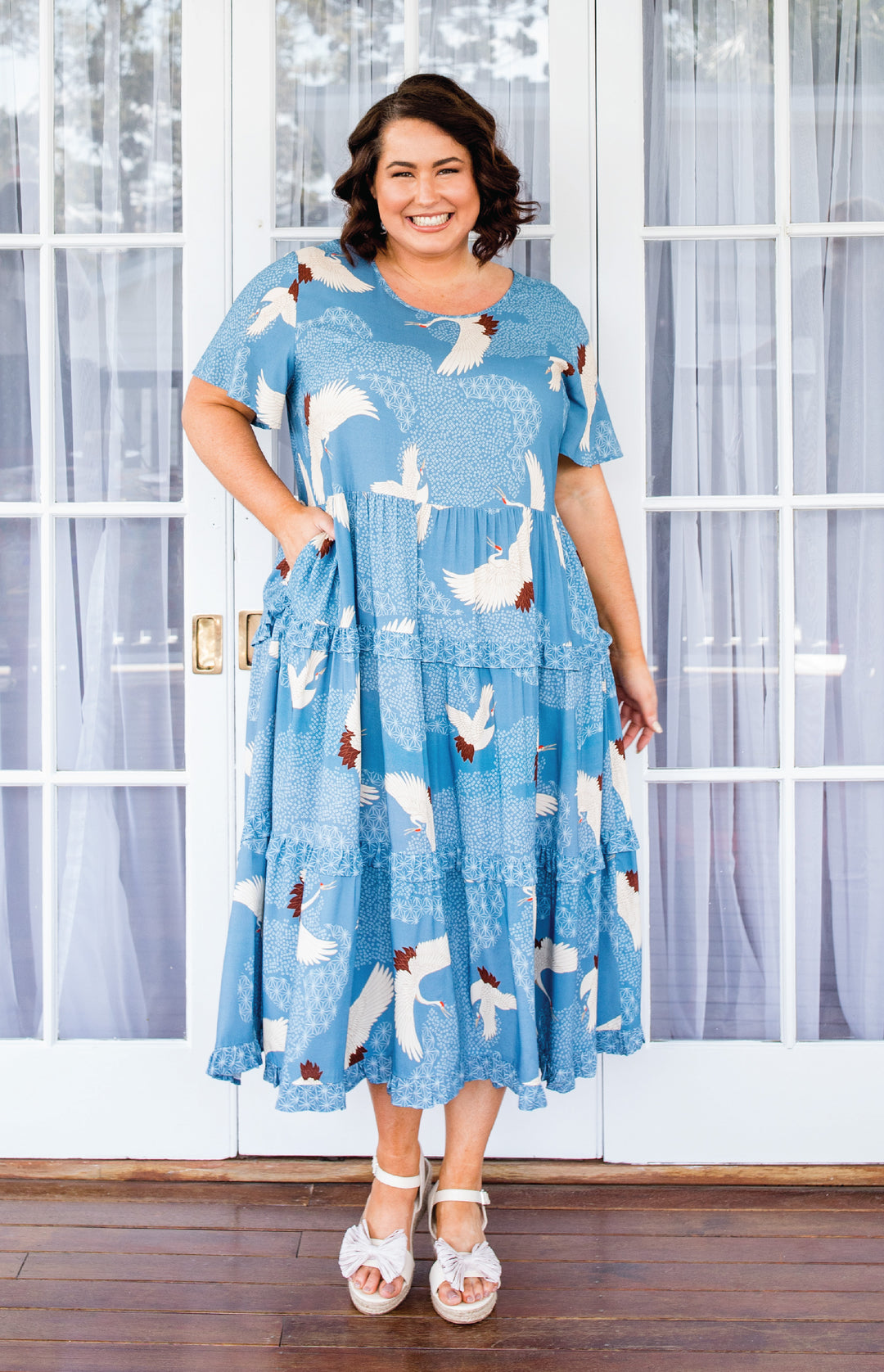 Rosie Ruffle Dress in poetry in motion blue