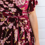 Rich blossom wine velvet detail on the Violet Dress – texture close‑up