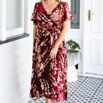 Velvet burnout floral texture, Violet Dress in blossom wine – dramatic and romantic