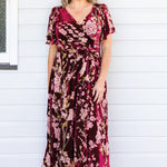 Velvet burnout floral texture, Violet Dress in blossom wine – dramatic and romantic