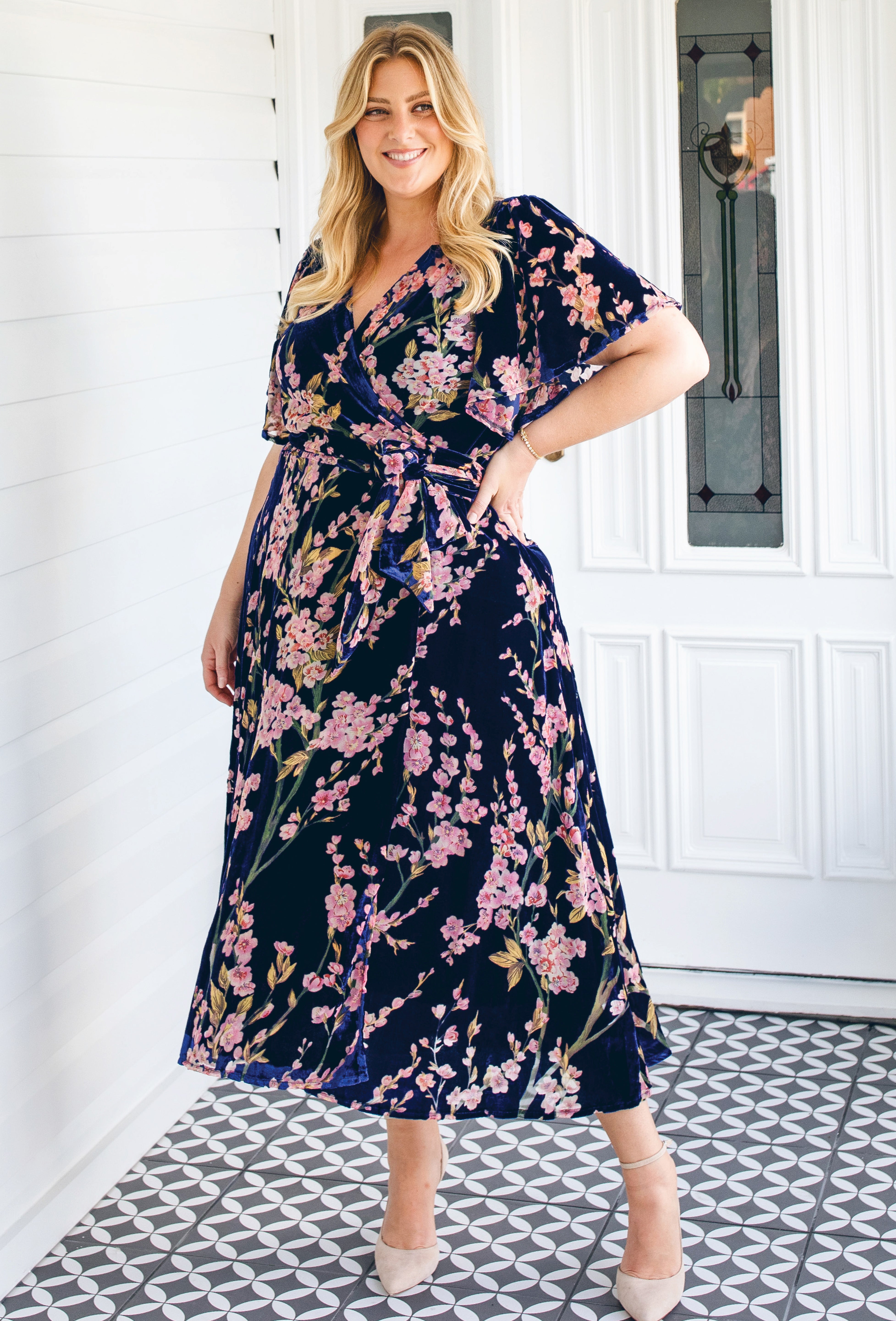 Blossom blue velvet cocktail dress – the Violet Dress by Maiocchi