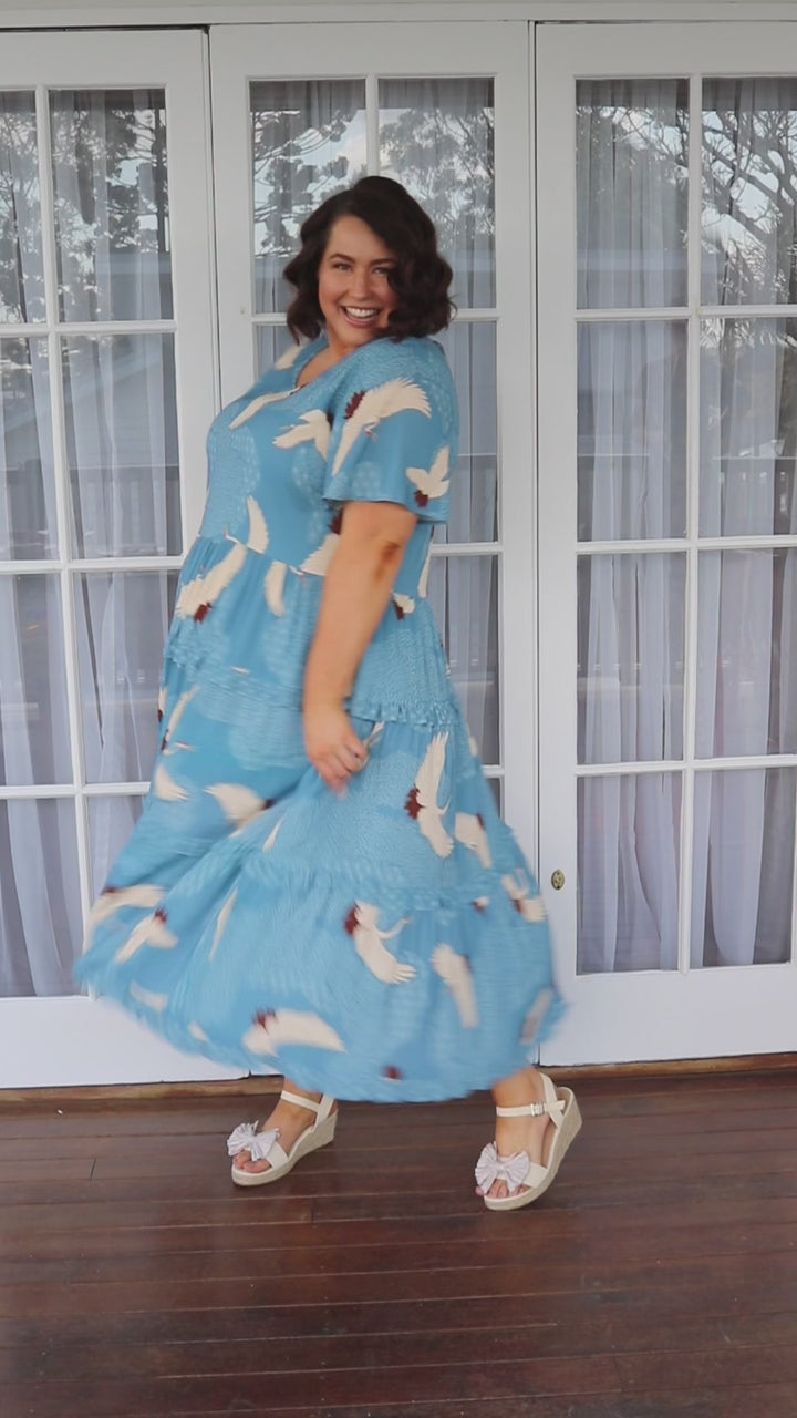 Rosie Ruffle Dress in poetry in motion blue