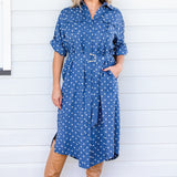 Alison Shirt Dress in Floral Denim by Maiocchi, featuring embroided flowers