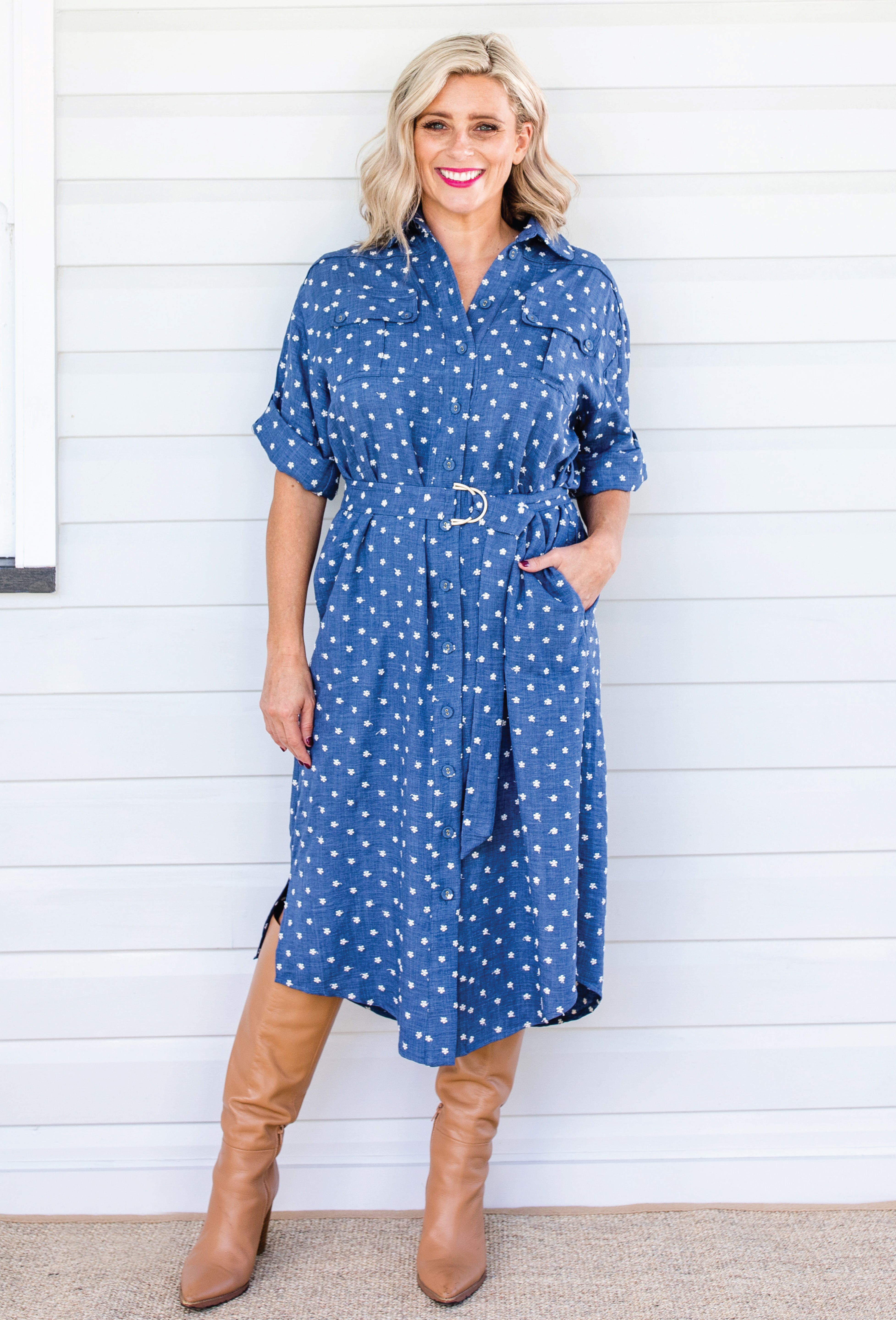 Alison Shirt Dress in Floral Denim by Maiocchi, featuring embroided flowers
