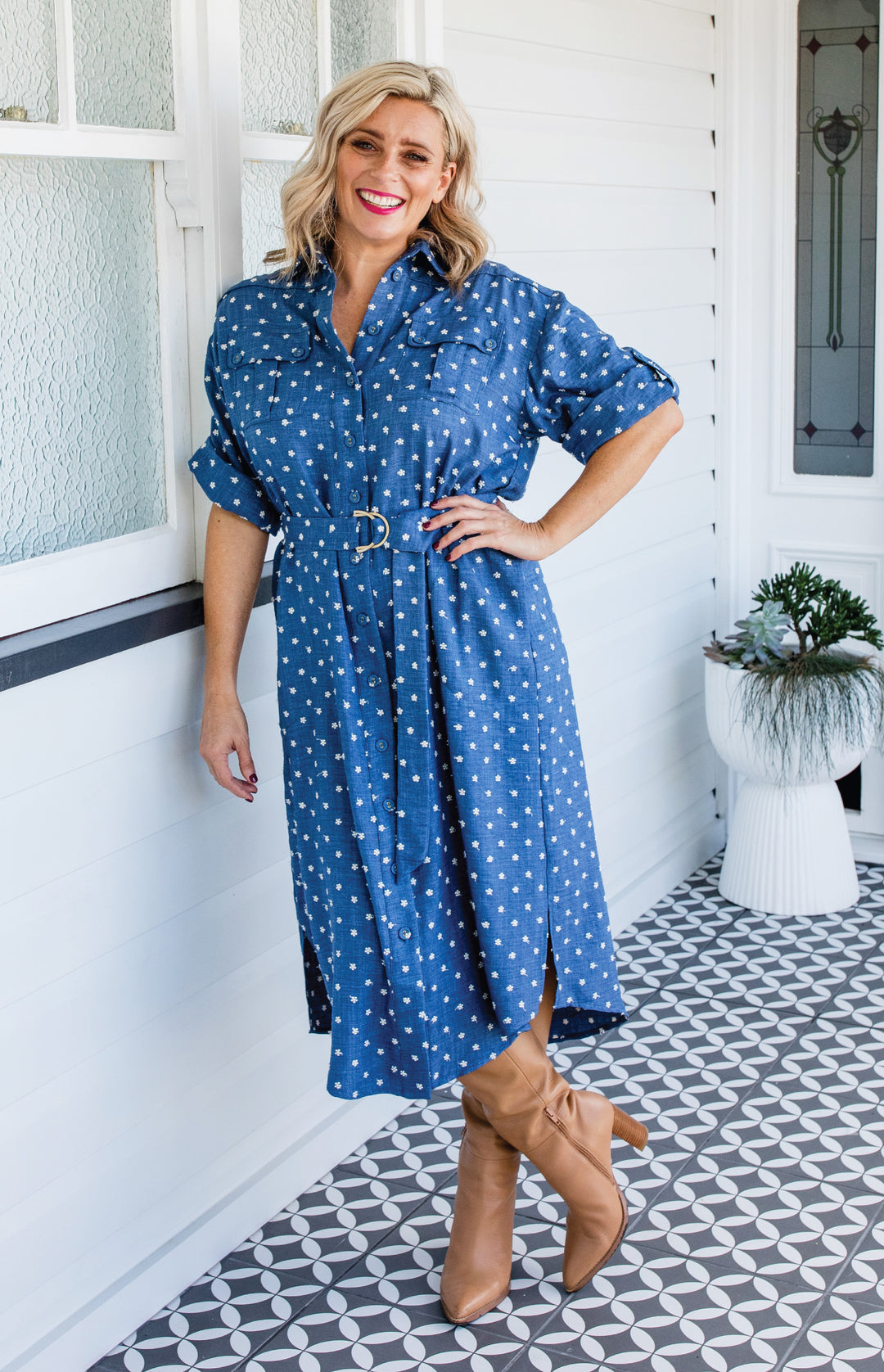Alison Shirt Dress in floral denim