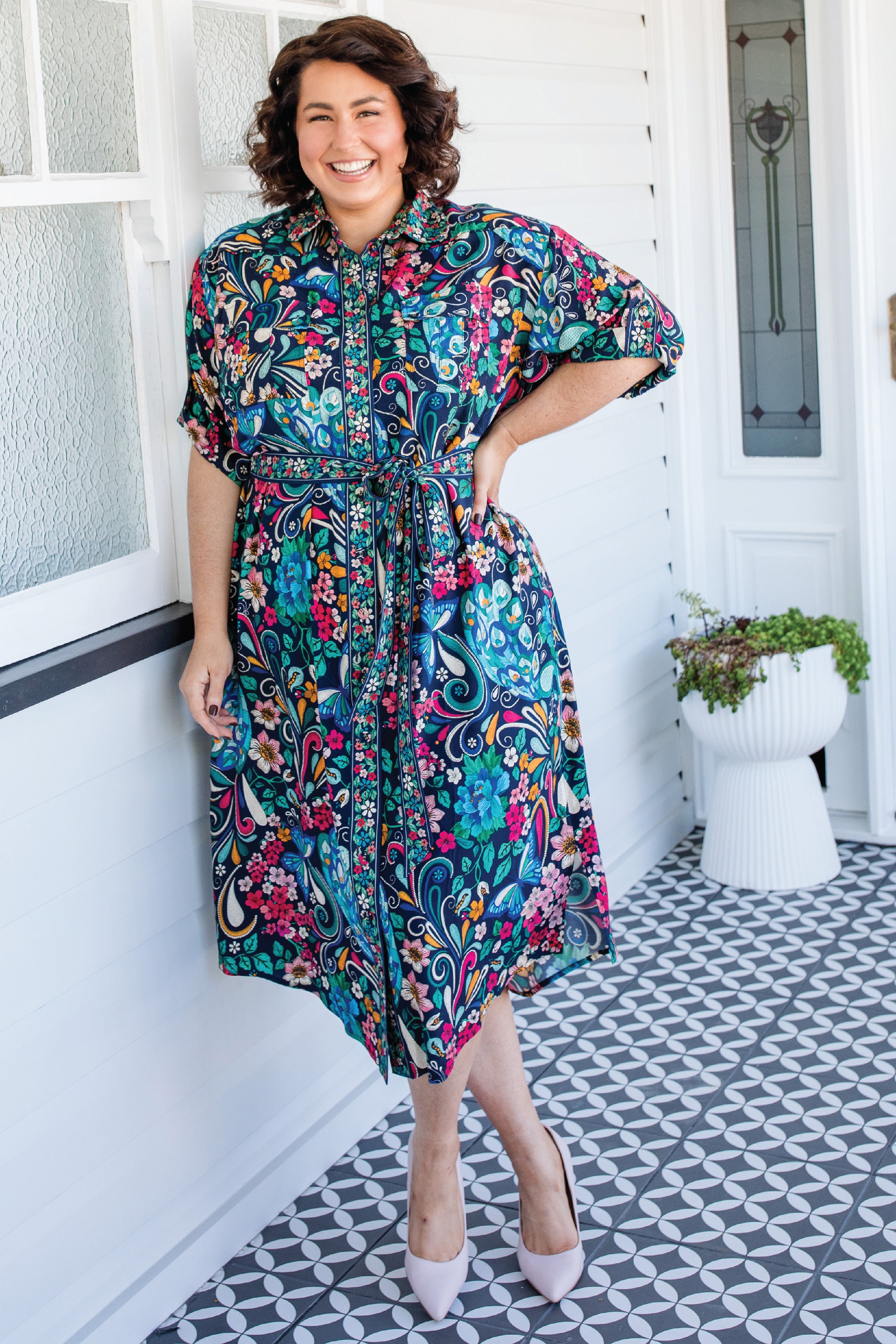 Model wearing Alison Shirt Dress in navy Truly Madly – relaxed fit with removable waist tie