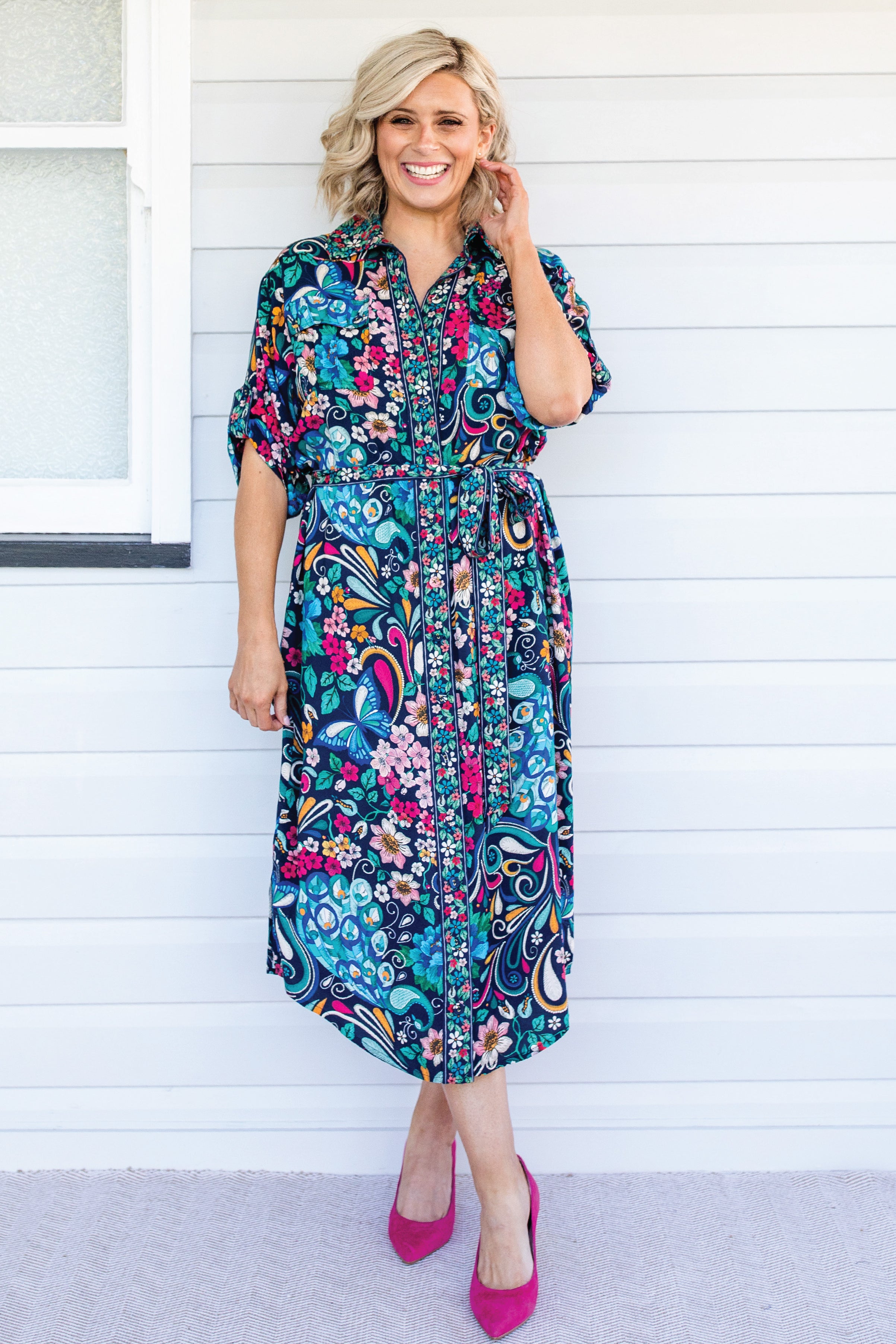 Maiocchi Alison Shirt Dress in Truly Madly navy – best-selling contrast panel floral print shirt dress