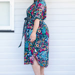 Side view of Alison Shirt Dress in Truly Madly navy – fluid rayon fabric with classic shirt shape