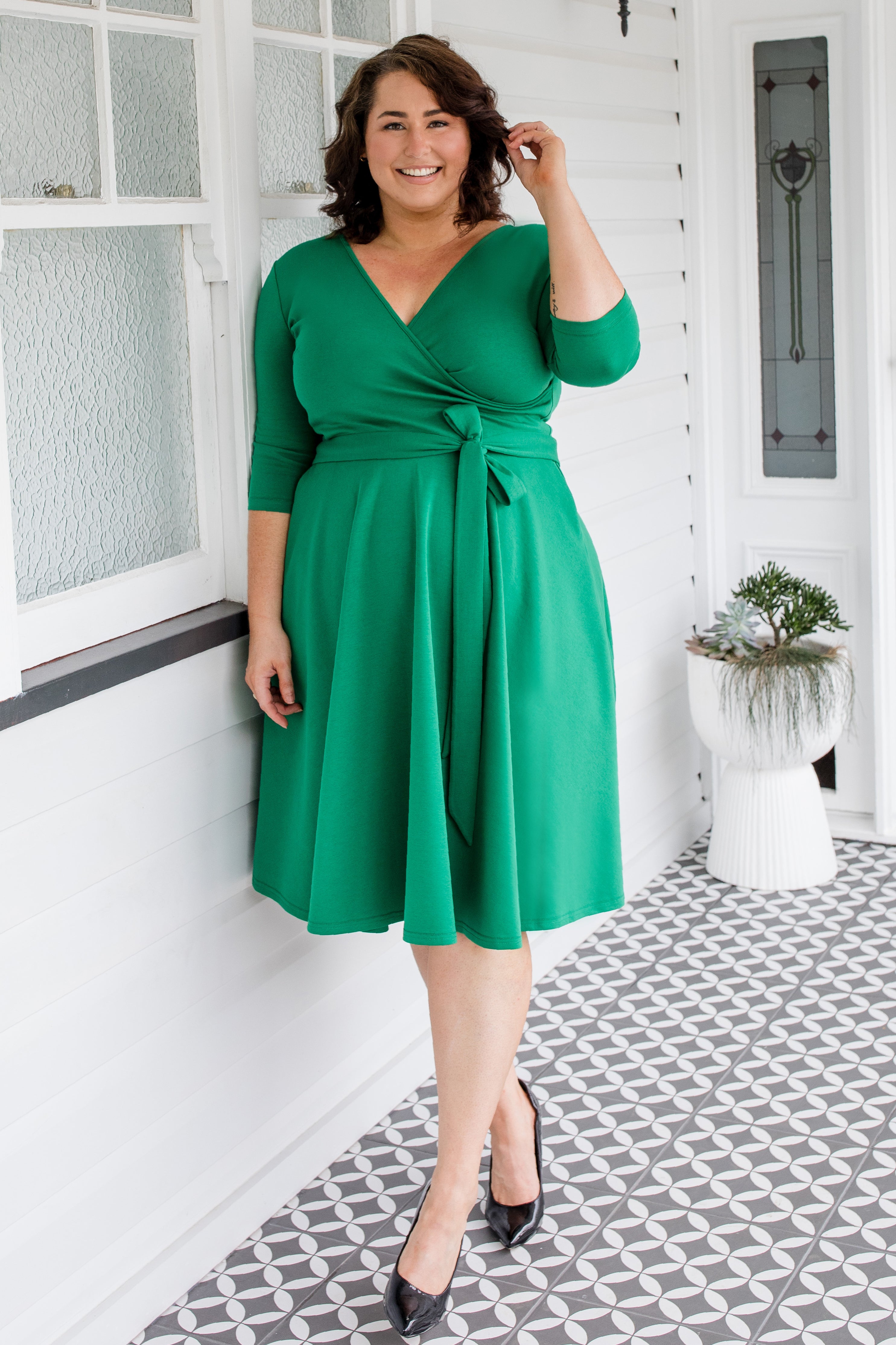 Green ponte Amelia Dress by Maiocchi, with flattering fit & flare shape