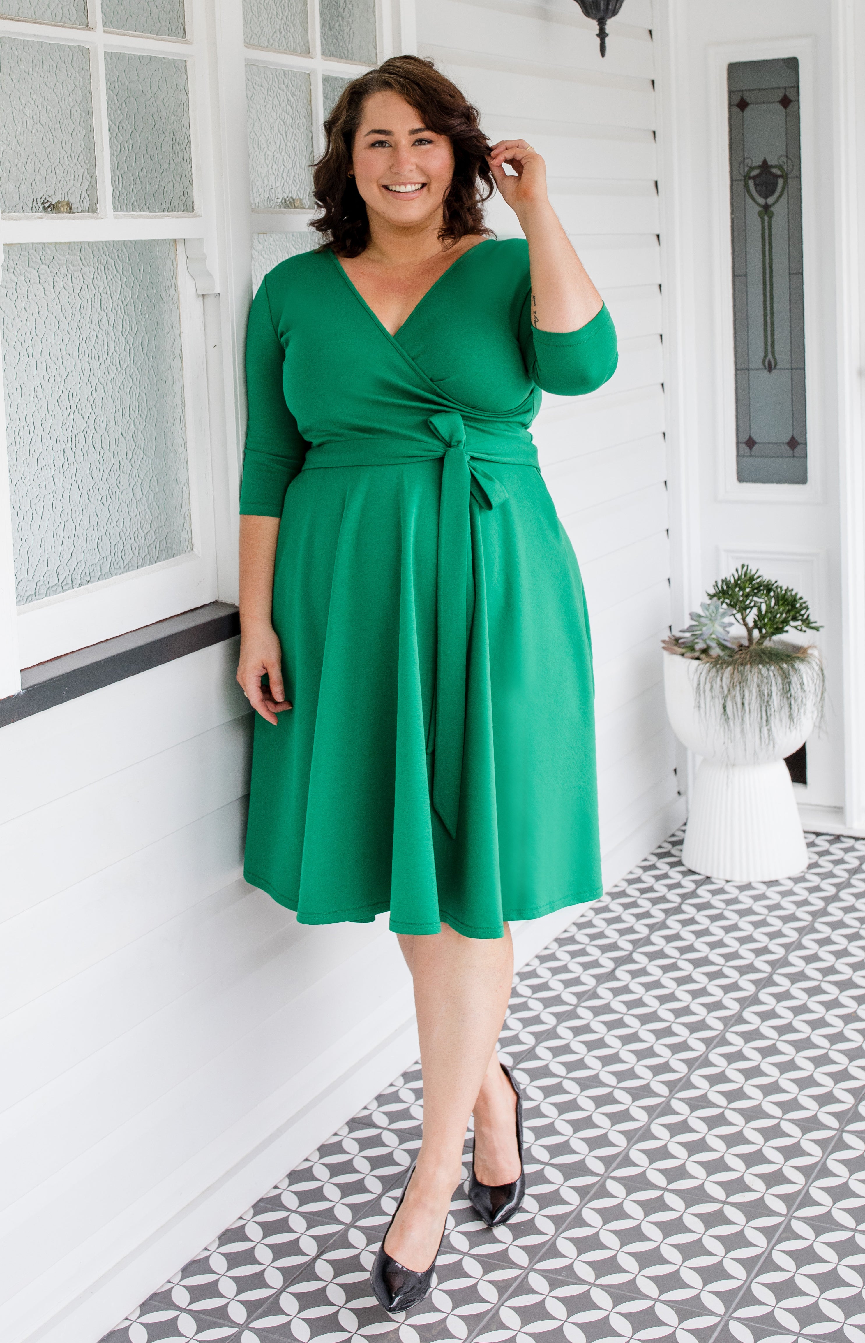 Green ponte Amelia Dress by Maiocchi, with flattering fit & flare shape