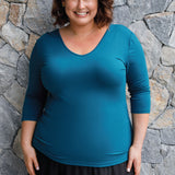 Bamboo Reversible Tee 3/4 sleeve in petrol