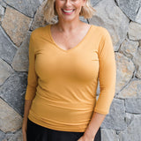 Bamboo Reversible Tee 3/4 sleeve in saffron