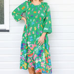 Maiocchi Barbados Midi Dress in Social Butterfly Green – playful and bold. Exclusive artwork by Lordy Dordie