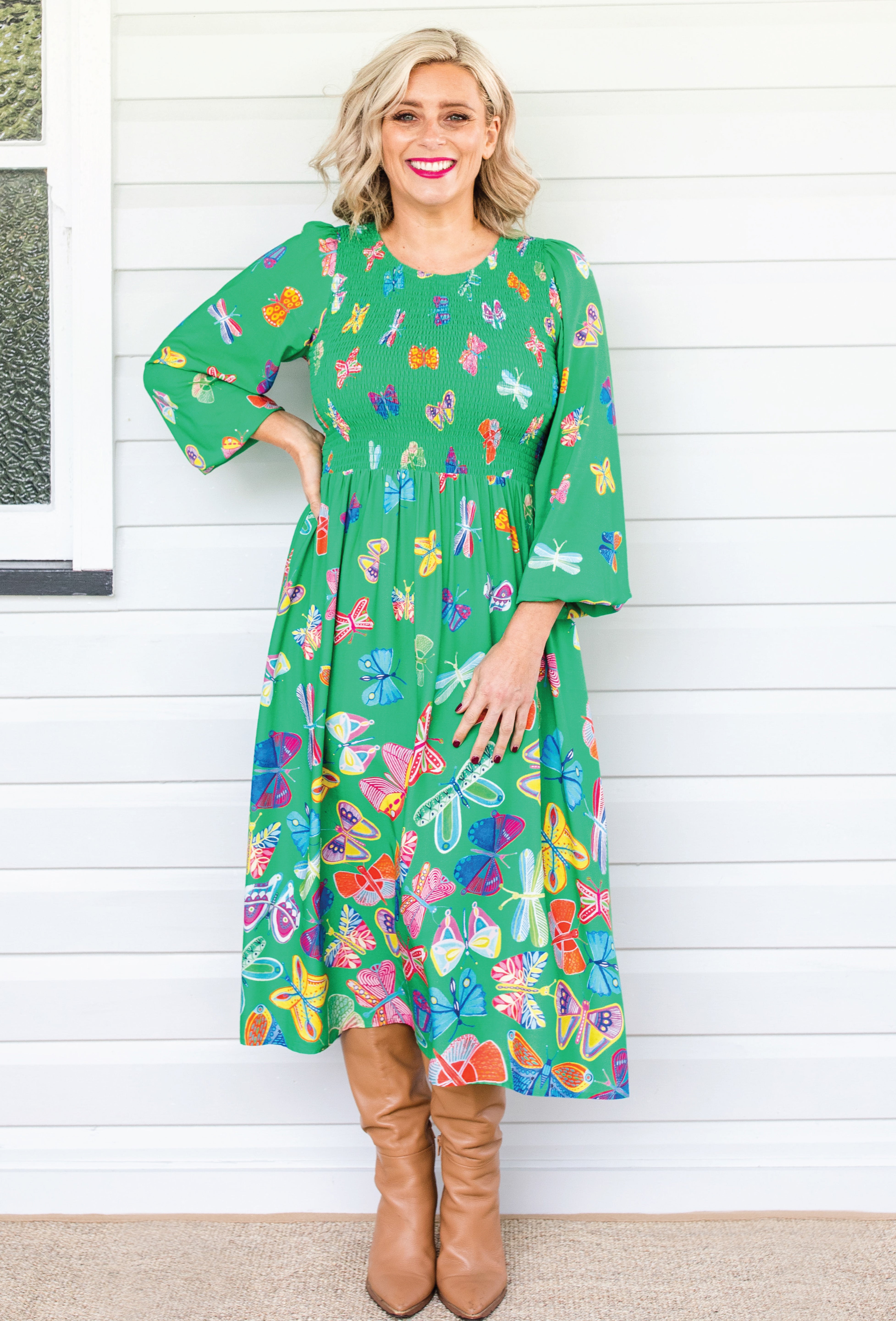 Maiocchi Barbados Midi Dress in Social Butterfly Green – playful and bold. Exclusive artwork by Lordy Dordie