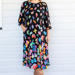 Maiocchi Barbados Midi Dress in Social Butterfly Black – hand-drawn butterflies by Lordy Dordie