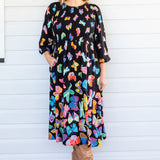 Maiocchi Barbados Midi Dress in Social Butterfly Black – hand-drawn butterflies by Lordy Dordie