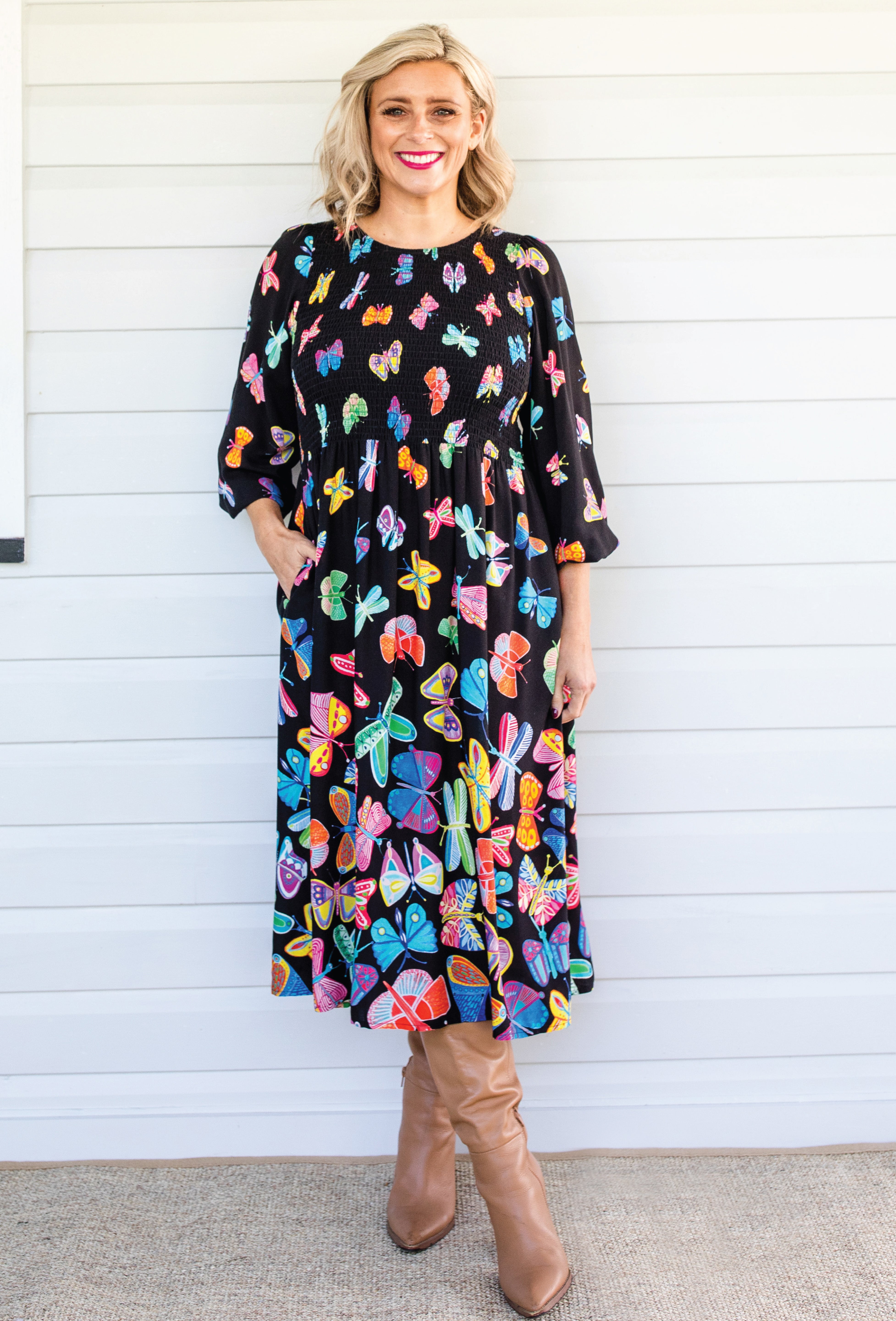 Maiocchi Barbados Midi Dress in Social Butterfly Black – hand-drawn butterflies by Lordy Dordie