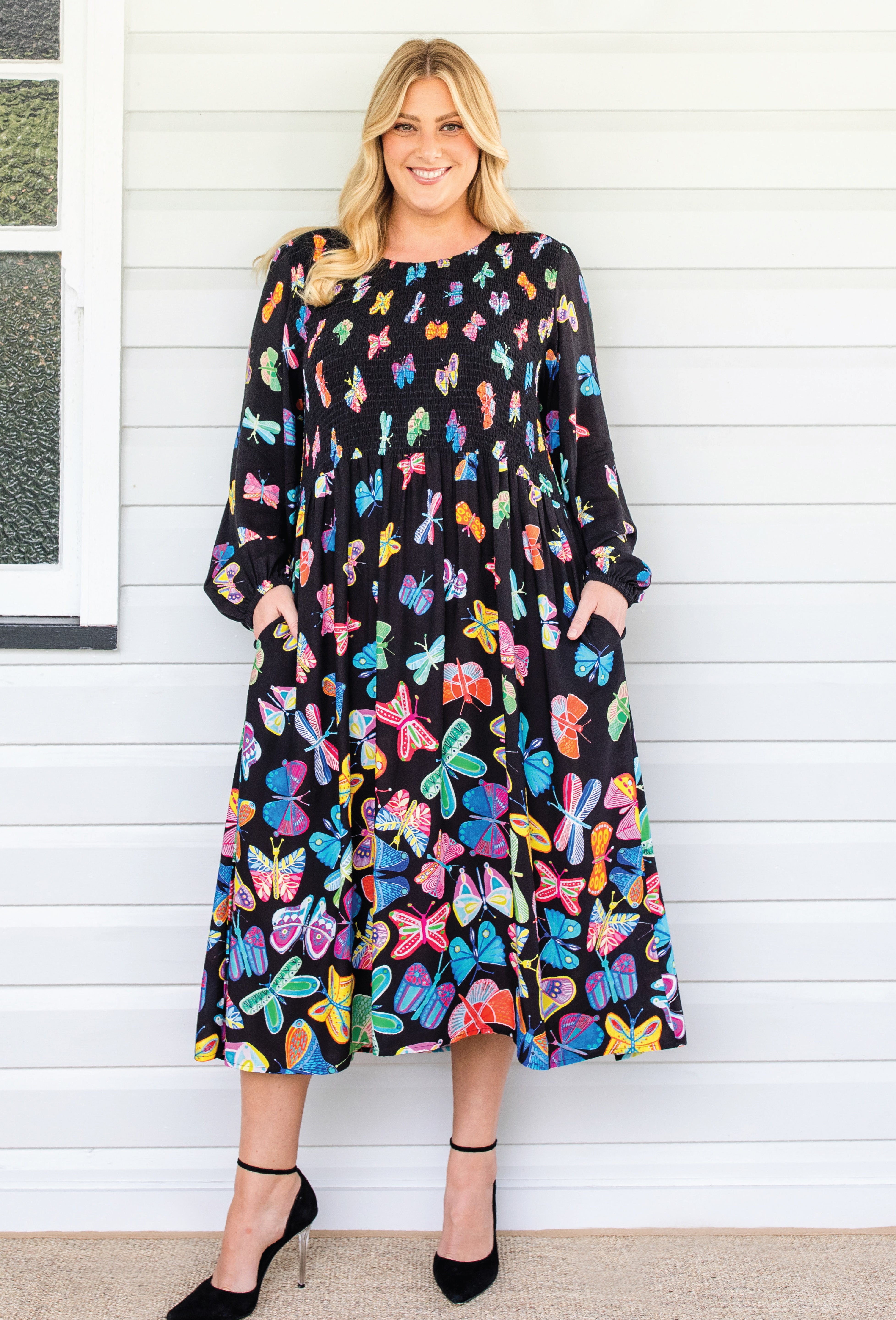 Black Social Butterfly print midi dress by Maiocchi