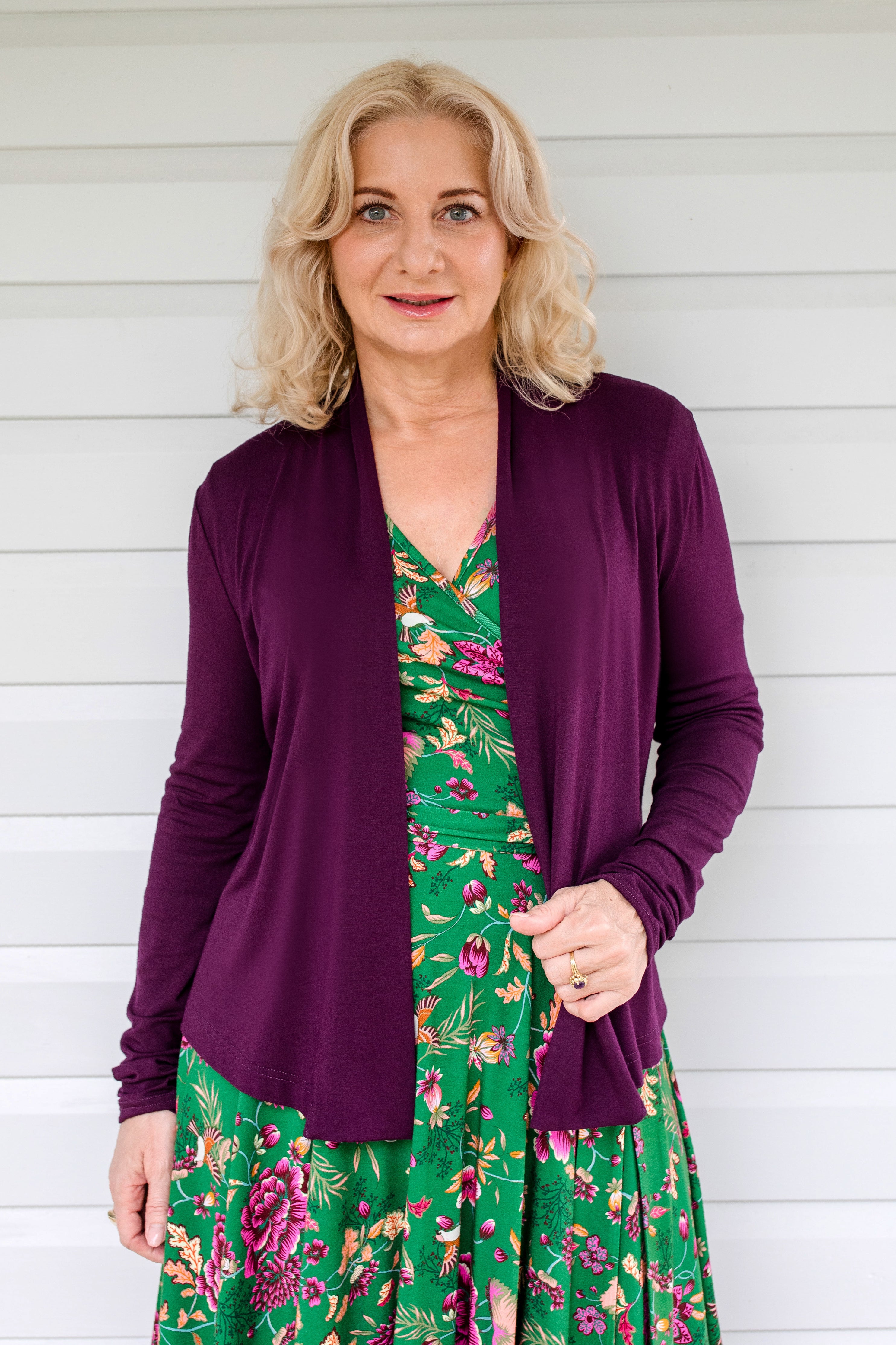Maiocchi Bella Bamboo Long Sleeve Cardie in Grape purple.