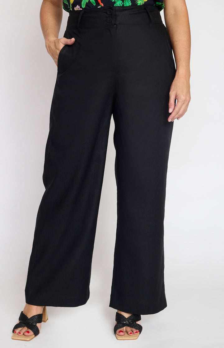 Close-up of structured linen Bianca Pant and wide waistband