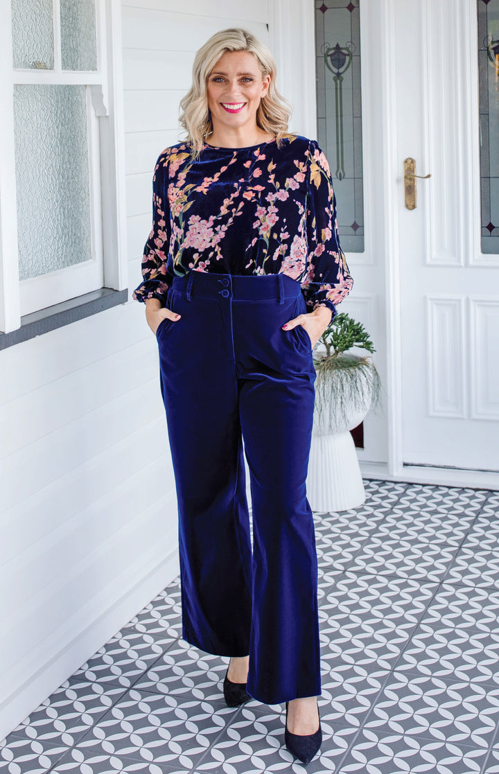 Maiocchi Bianca Pant in midnight velvet – high-waist wide-leg pant with structured velvet waistband