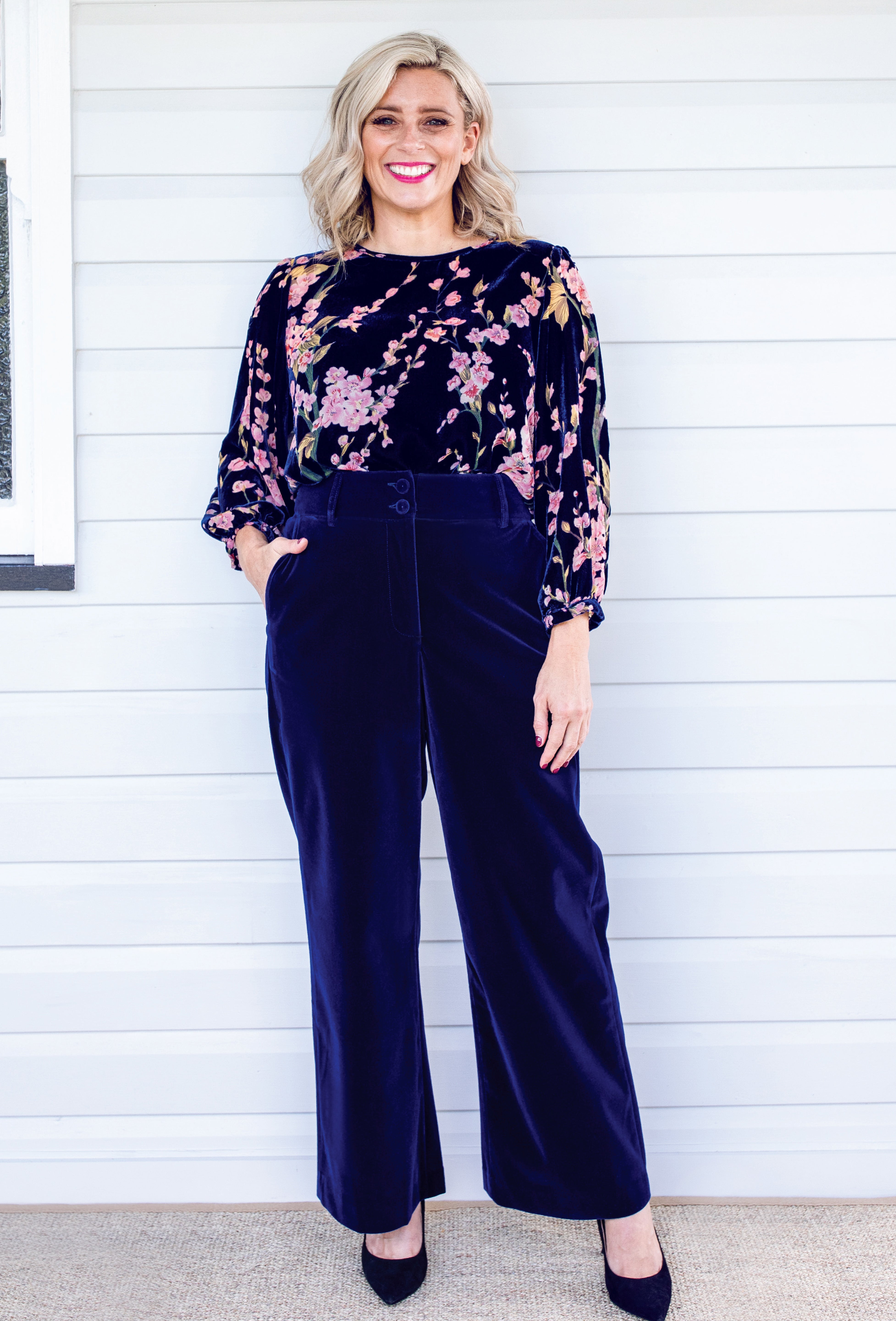 Model wearing Bianca Pant in midnight velvet – high-rise waist and dramatic wide-leg silhouette