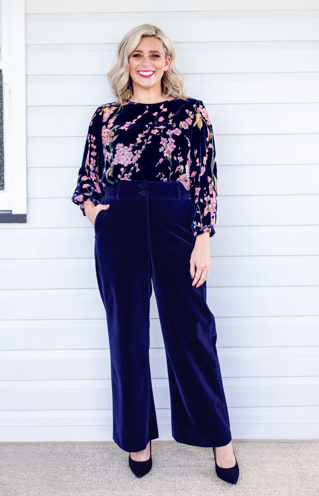 Model wearing Bianca Pant in midnight velvet – high-rise waist and dramatic wide-leg silhouette