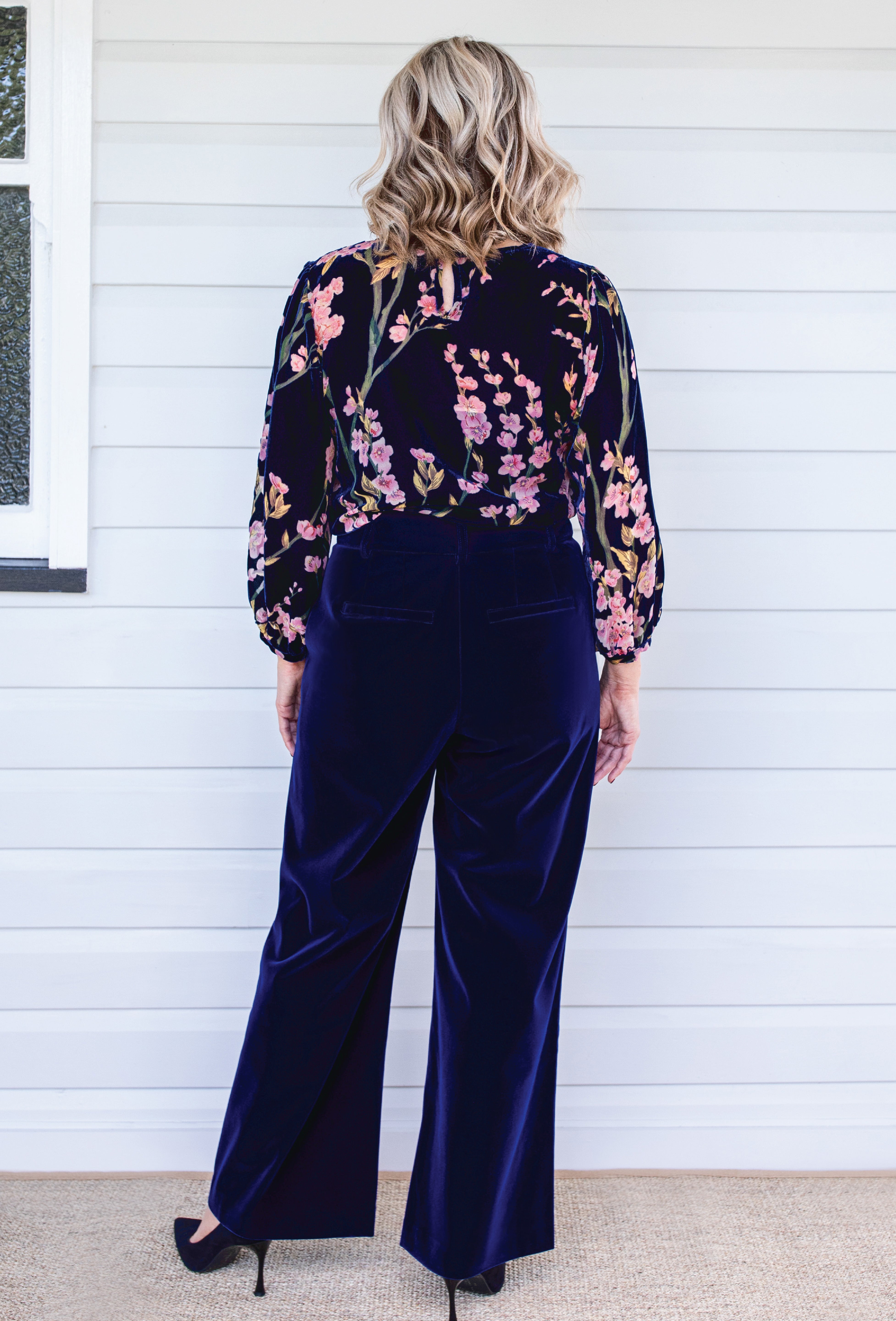 Back view of Bianca Pant in midnight velvet - smooth wide-leg drape for elegant fit