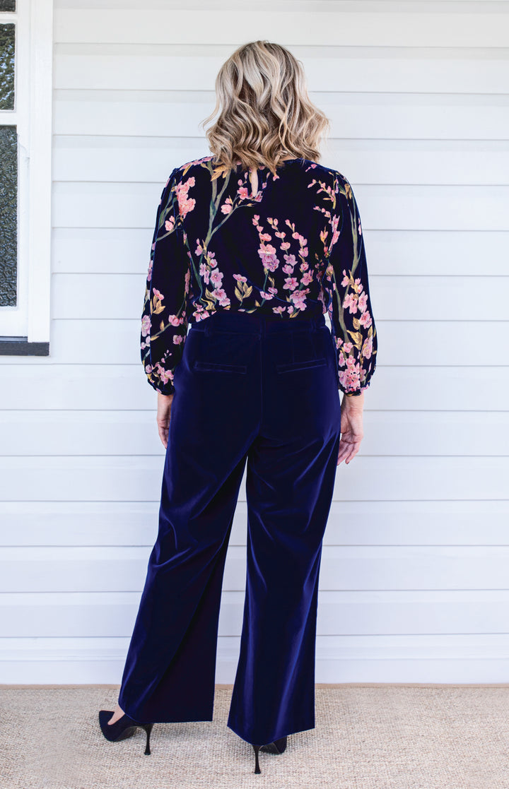 Back view of Bianca Pant in midnight velvet - smooth wide-leg drape for elegant fit