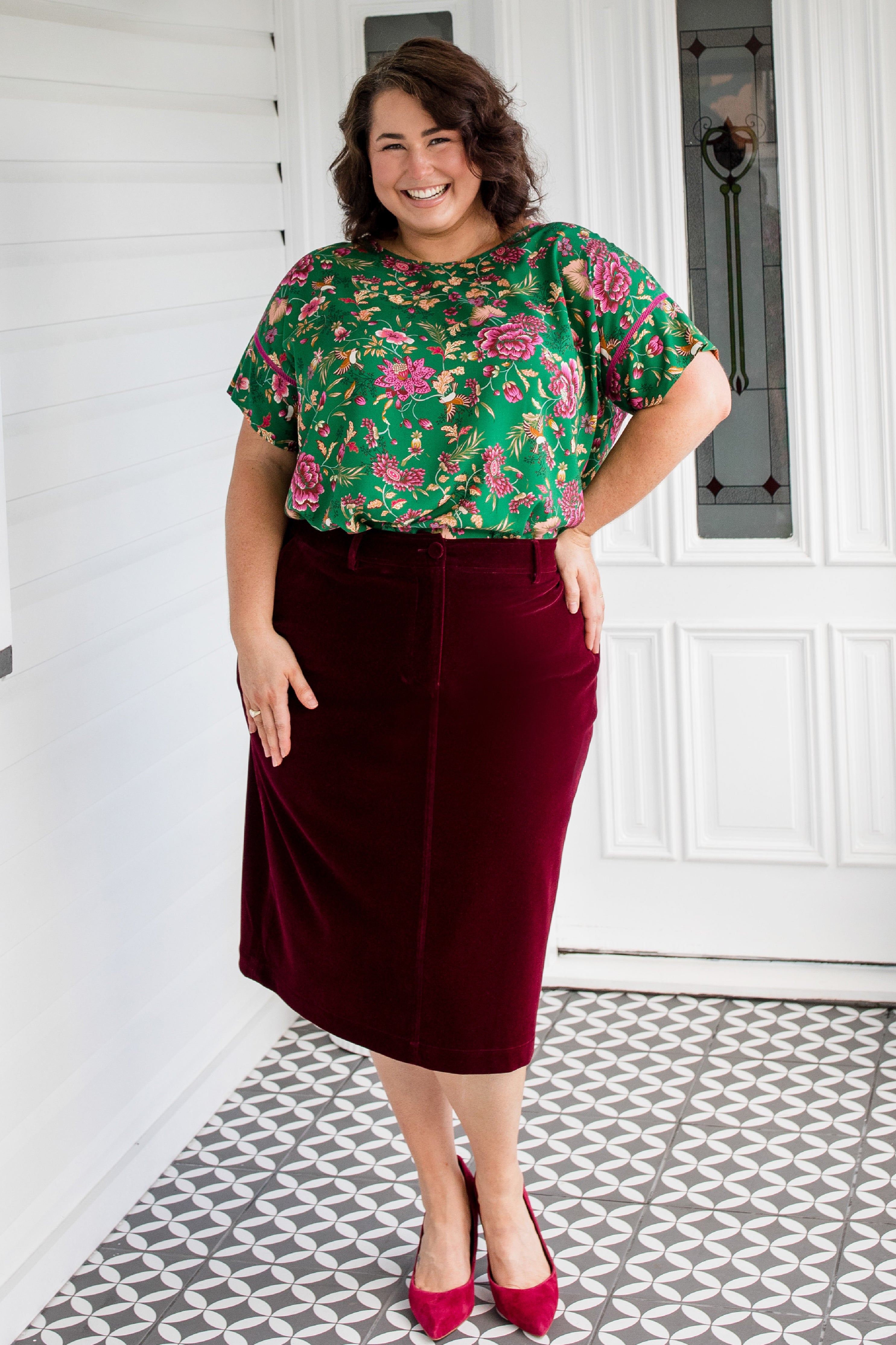 Maiocchi Bianca Skirt in wine velvet, timeless design for every occasion.